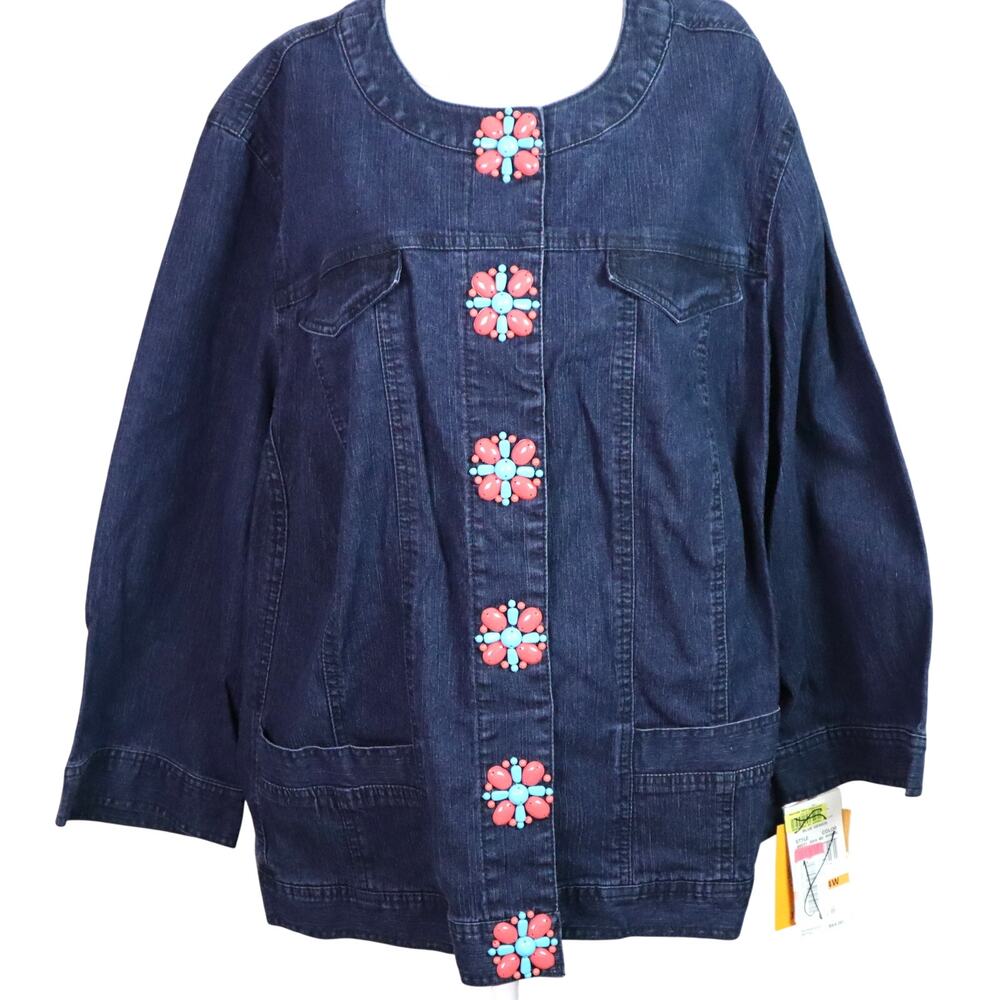 NWT Ruby Rd Denim Jacket Jean Collarless Coral Turquoise Beaded Buttons 24W Plus